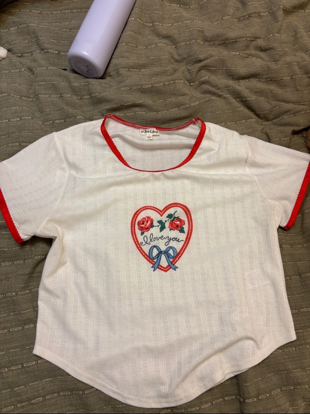For Love And Lemons White Short Sleeve Tee with Red Trim & Blue Bow Heart